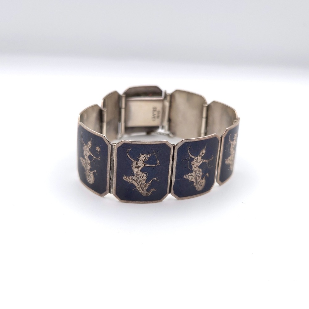 Vintage Siam Sterling Silver Niello Black Enamel Thai Dancer Panel Bracelet